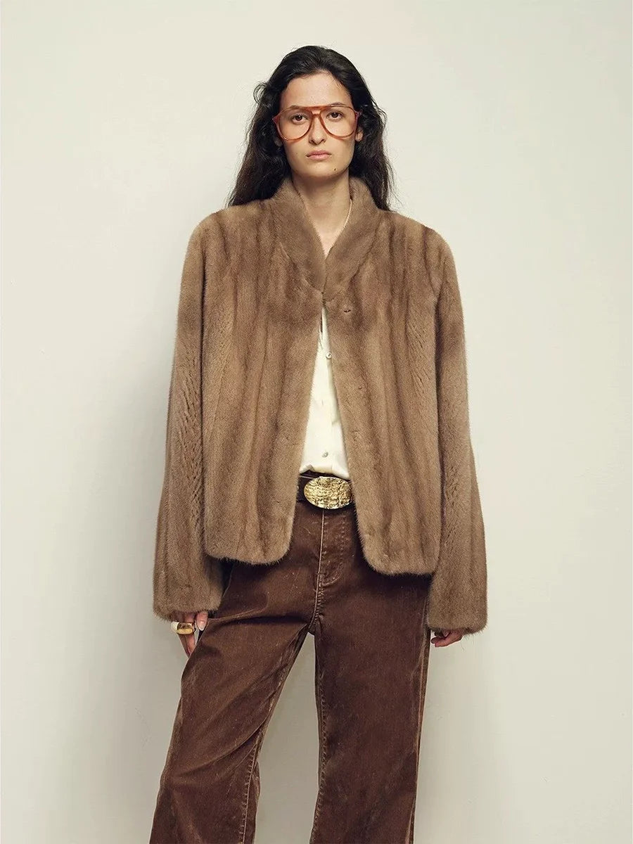 Women's Faux Mink Fur Coat, Short Stand Collar Fluffy Winter Jacket