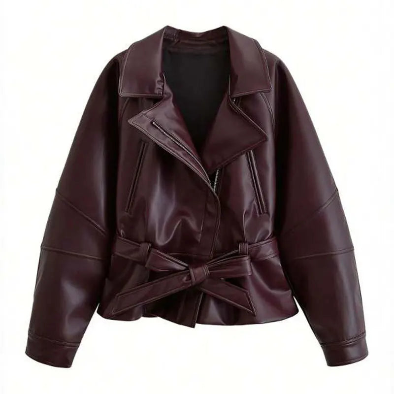 Women's Faux Leather Trench Coat, Belted Lapel Vintage Moto Jacket