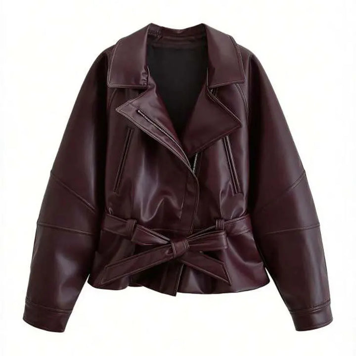 Women's Faux Leather Trench Coat, Belted Lapel Vintage Moto Jacket