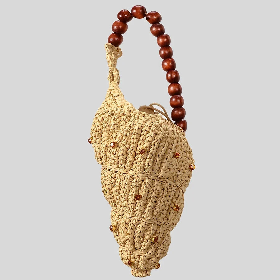 Women's Beige Woven Shell Bag with Wooden Bead Handle, view 2