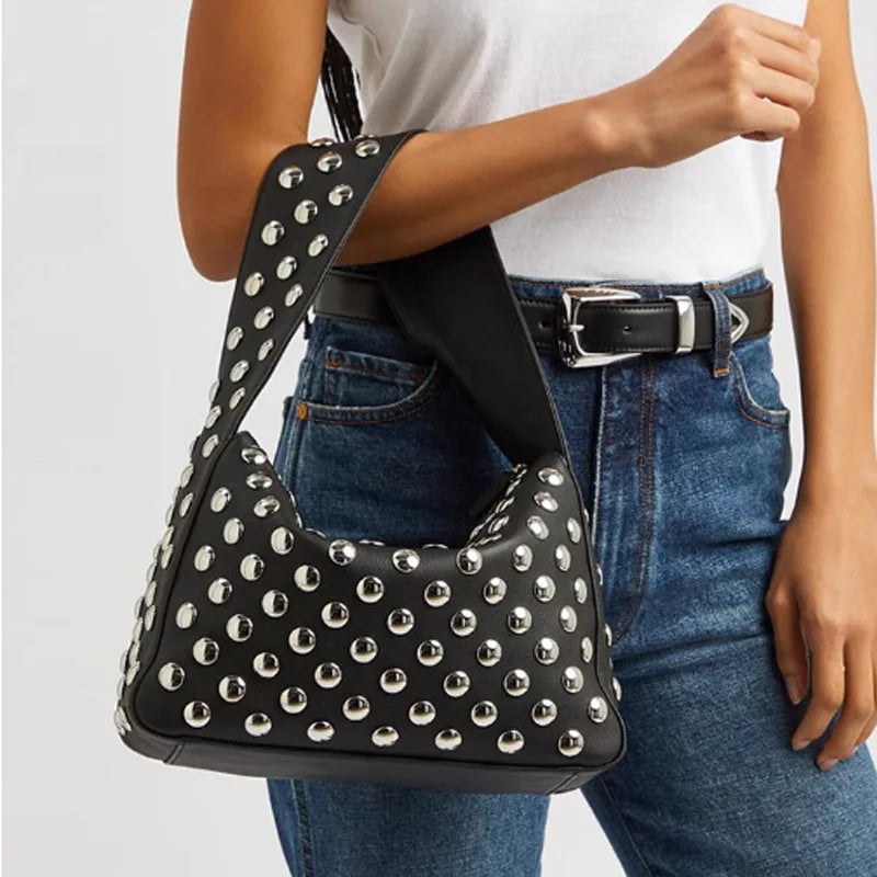 Women's Black Studded Faux Leather Top Handle Bag