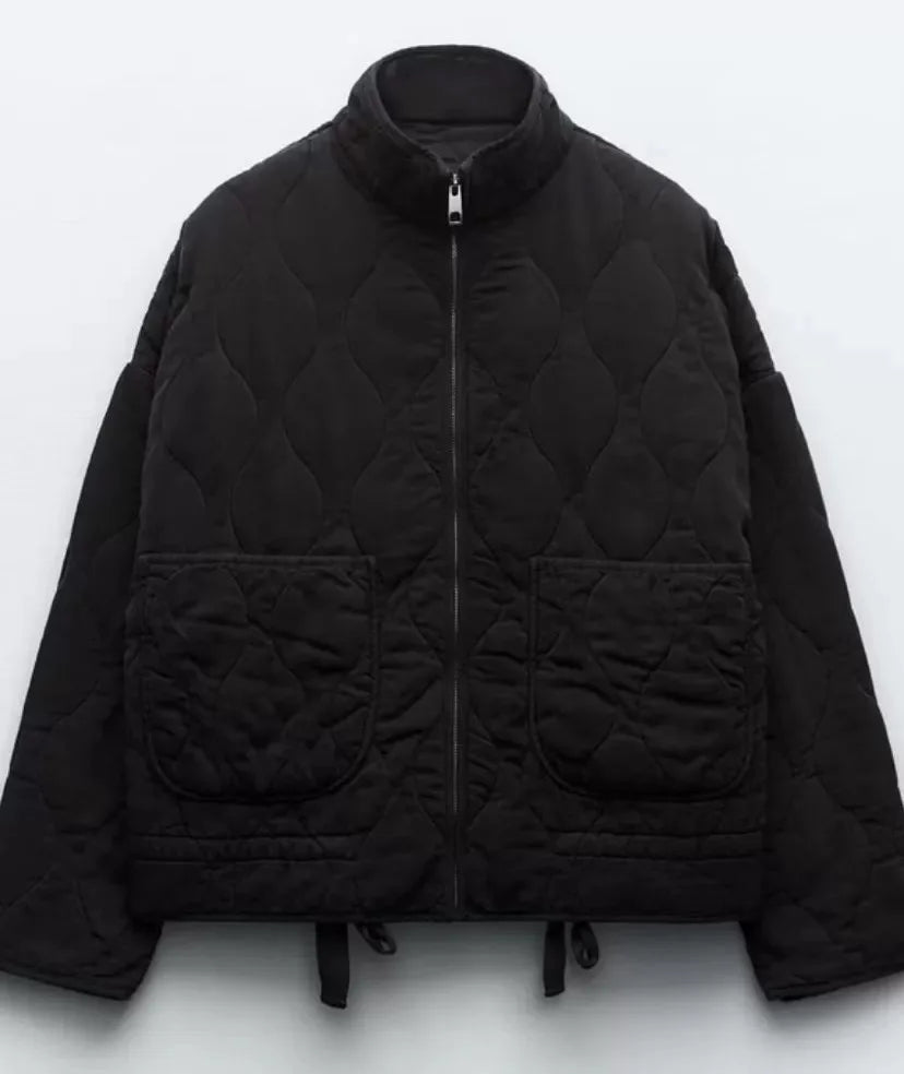 Women's Quilted High-Collar Jacket with Large Pockets in Black