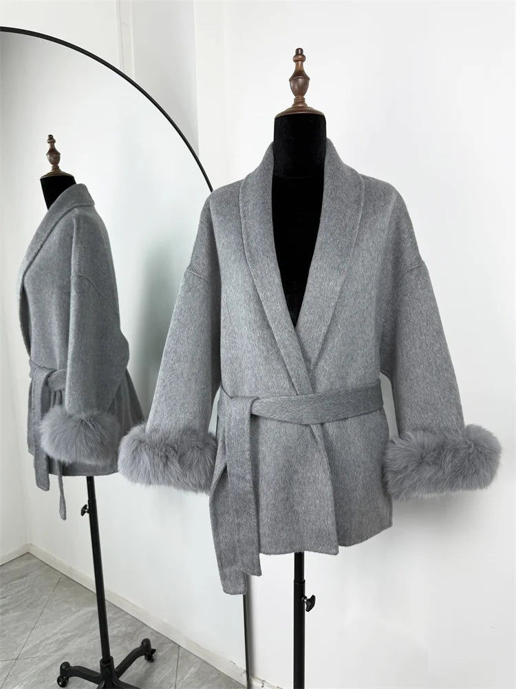 Women's Wool Coat, Double Sided Short Overcoat with Collar Detail