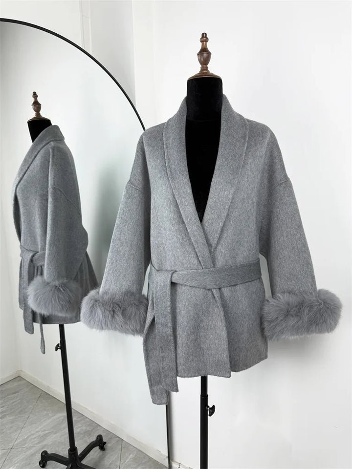 Women's Wool Coat, Double Sided Short Overcoat with Collar Detail