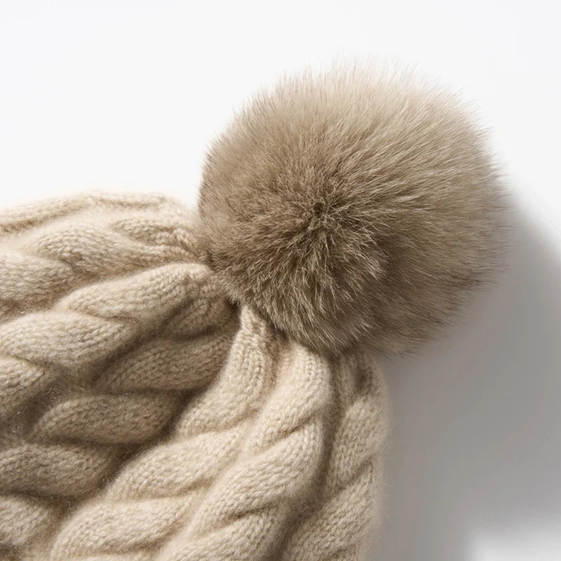 Women's Hand-Knit Cashmere Cable Beanie with Pom-Pom, view 10