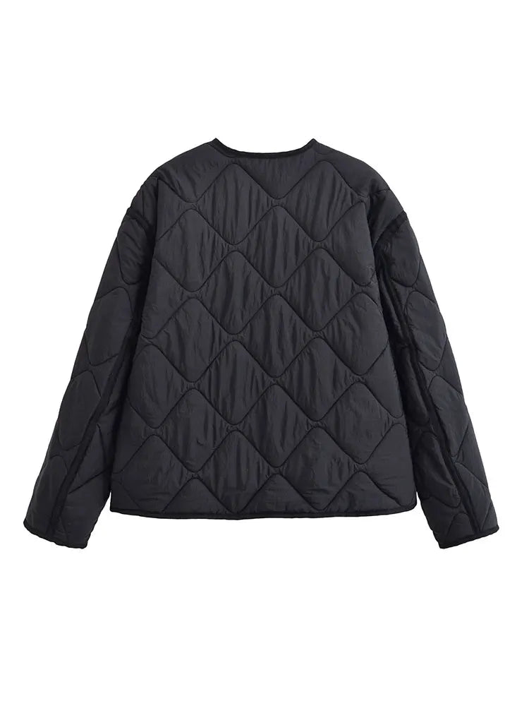 Women's Black Quilted Collarless Button-Front Jacket, view 3