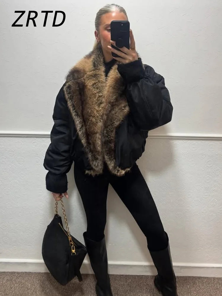 Women's Faux Fur Coat, Cropped Patchwork Lapel Warm Winter Jacket
