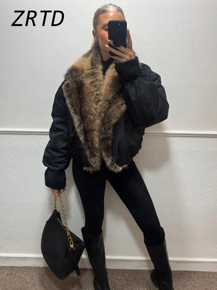 Women's Faux Fur Coat, Cropped Patchwork Lapel Warm Winter Jacket