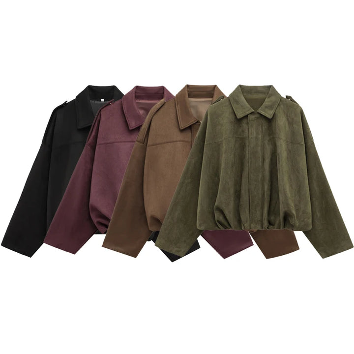 Women's Suede Bomber Jacket, Cropped Lapel Zip Up Moto Racing Coat