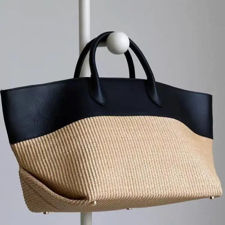 Women's Black Woven Raffia Color-Block Tote Bag