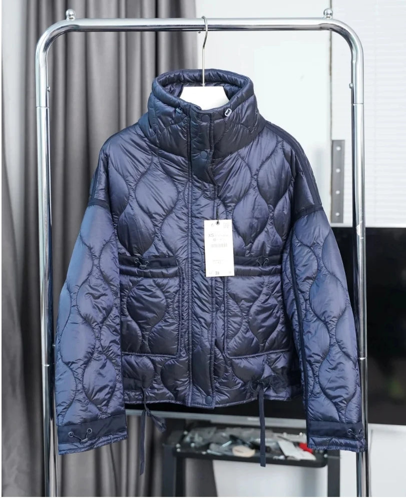 Women's Quilted Jacket, Drawstring High Neck Padded Coat with Pockets