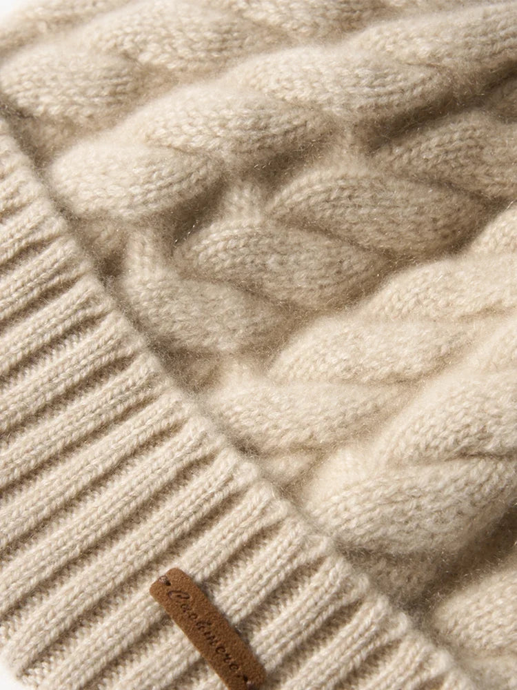 Women's Hand-Knit Cashmere Cable Beanie with Pom-Pom, view 7