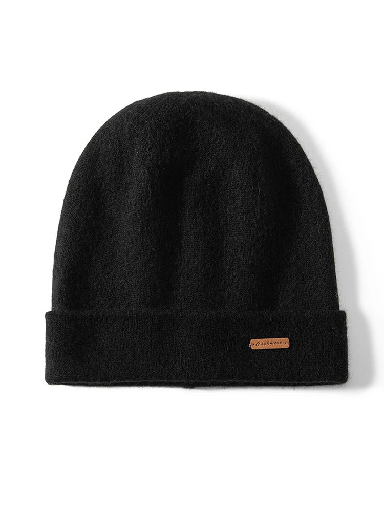 Double-Layer Cashmere Knit Winter Beanie in Black