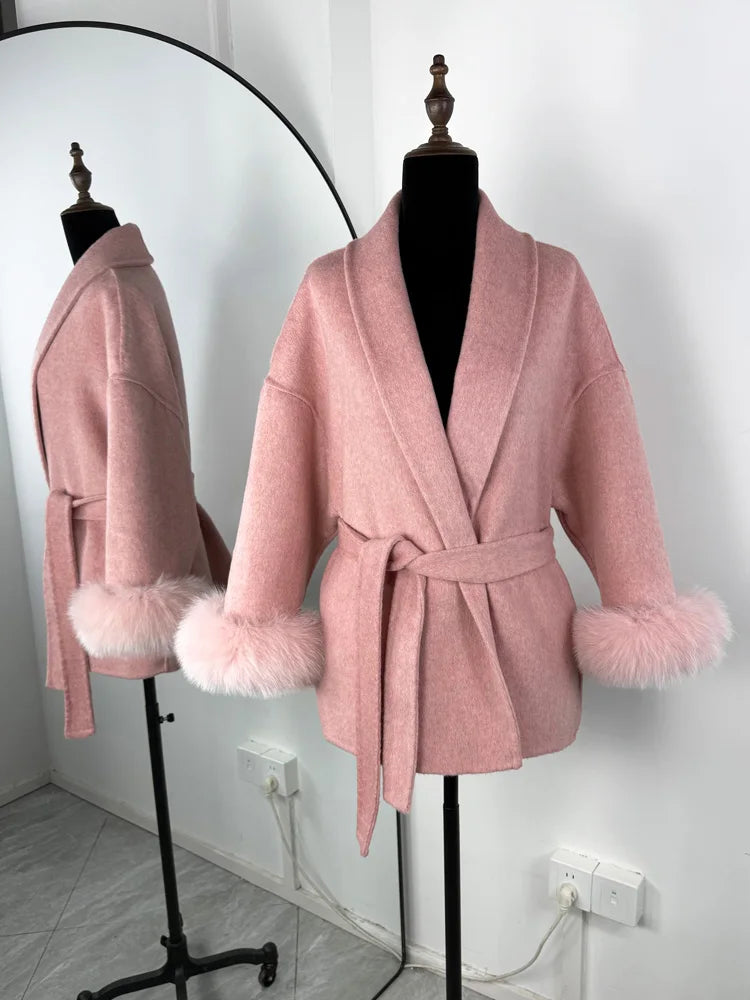 Women's Wool Coat, Double Sided Short Overcoat with Collar Detail