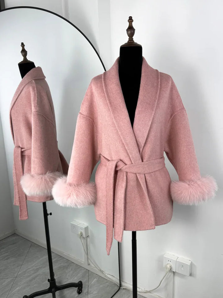 Women's Wool Coat, Double Sided Short Overcoat with Collar Detail