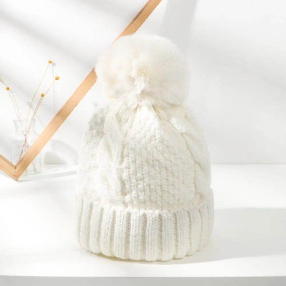 Women's Thick Knit Cotton Beanie with Ear Flaps in White