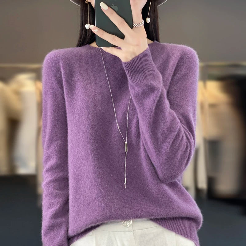 Women's Merino Wool Sweater, Crew Neck Soft Knit Winter Pullover