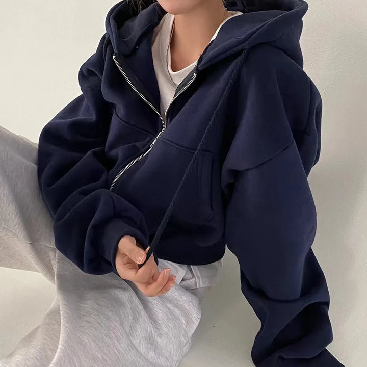 Women's Cropped Zip Up Hoodie, Casual Streetwear Hooded Sweatshirt Jacket