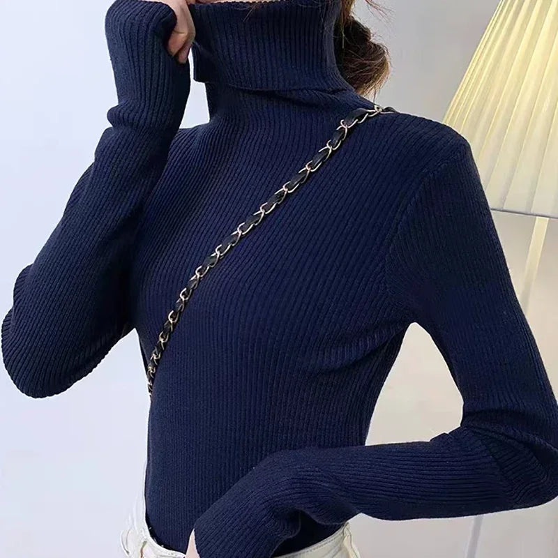 Women's Slim-Fit Brushed Knit Turtleneck Sweater in Navy Blue