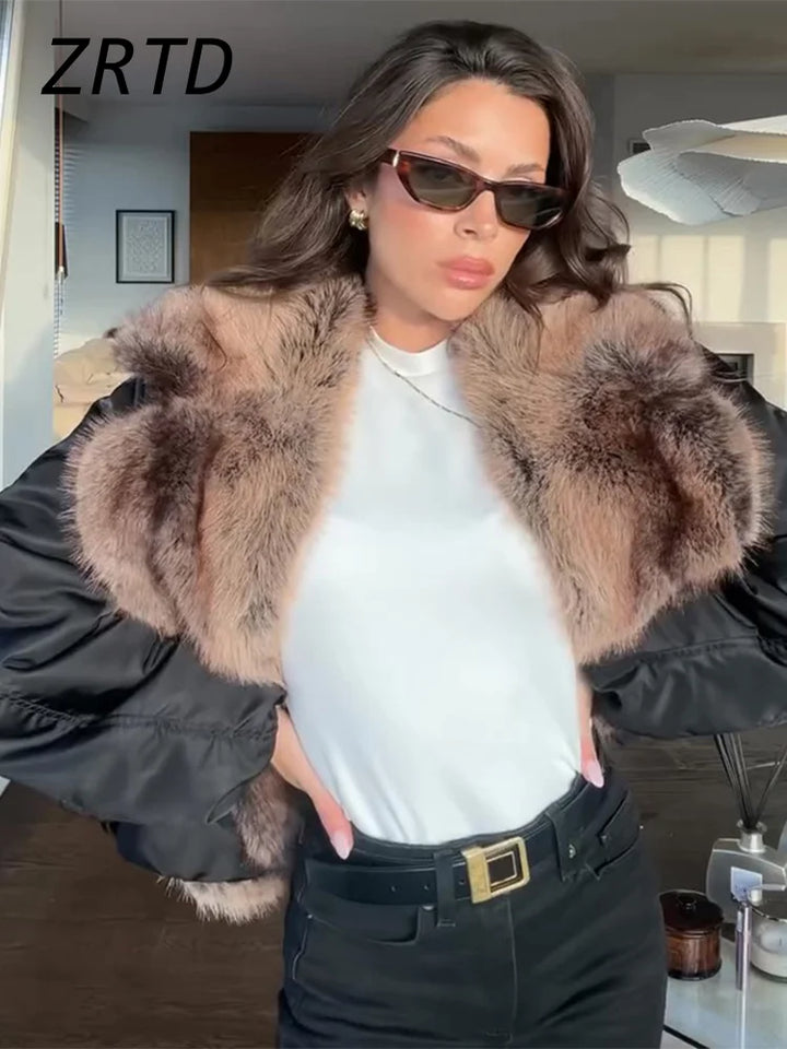 Women's Faux Fur Coat, Cropped Patchwork Lapel Warm Winter Jacket