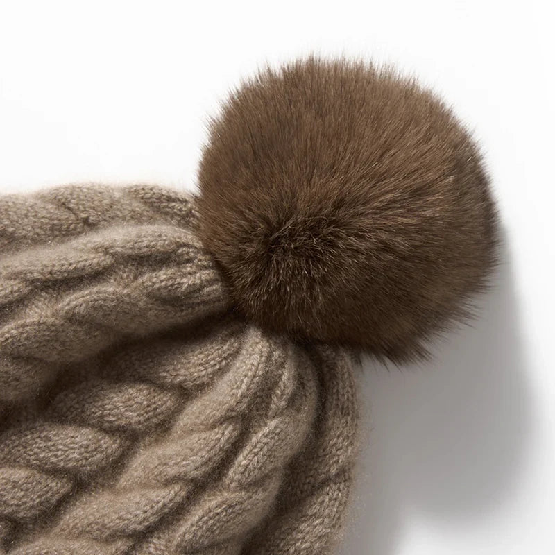 Women's Hand-Knit Cashmere Cable Beanie with Pom-Pom, view 17
