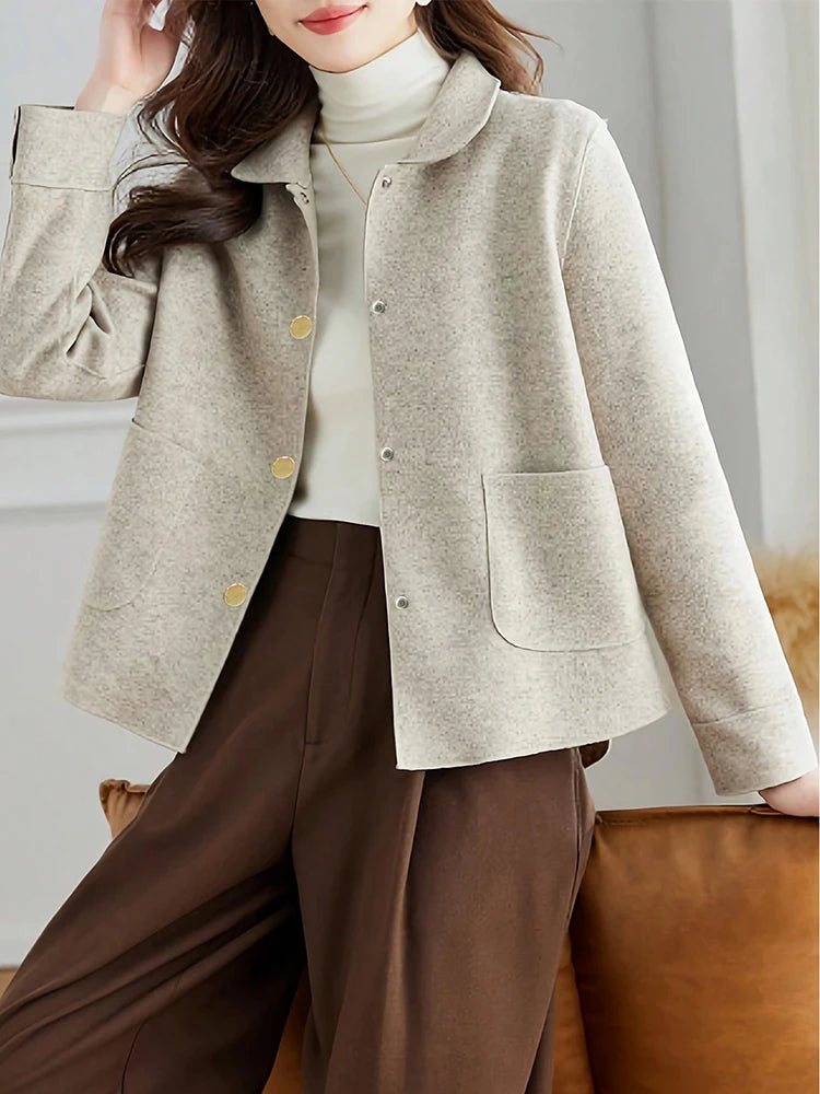 Women's Short Wool Blend Coat, Button Up Warm Winter Overcoat Plus Size
