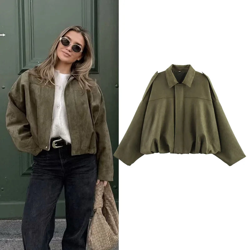 Women's Olive Green Loose Bomber Jacket with Turn-Down Collar
