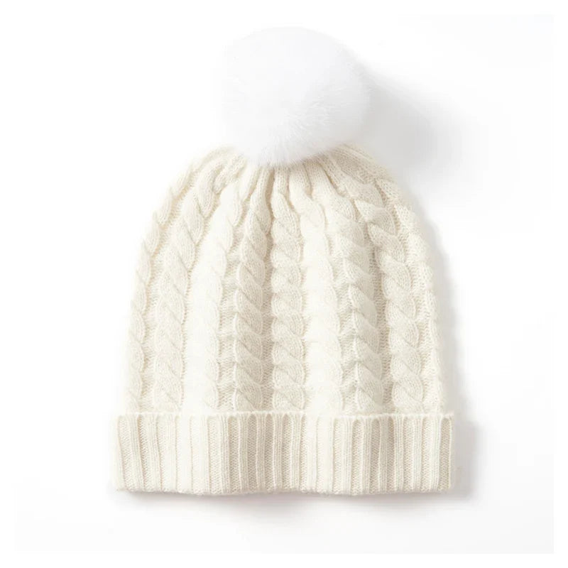 Women's Soft Knit Cashmere Beanie with Pom-Pom in White