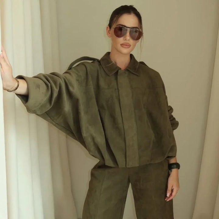 Women's Suede Bomber Jacket, Cropped Lapel Zip Up Moto Racing Coat