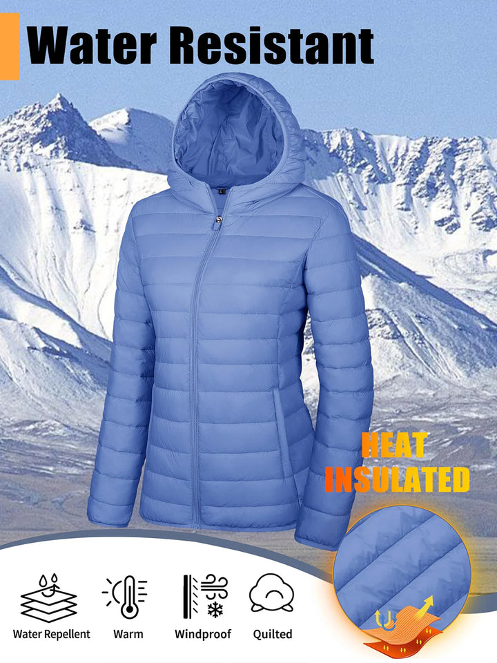 Women's Hooded Puffer Jacket, Lightweight Quilted Padded Windbreaker Coat