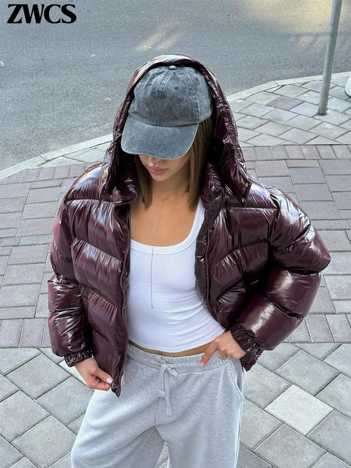 Women's Cropped Puffer Jacket, Glossy Hooded Zip Up Short Winter Coat