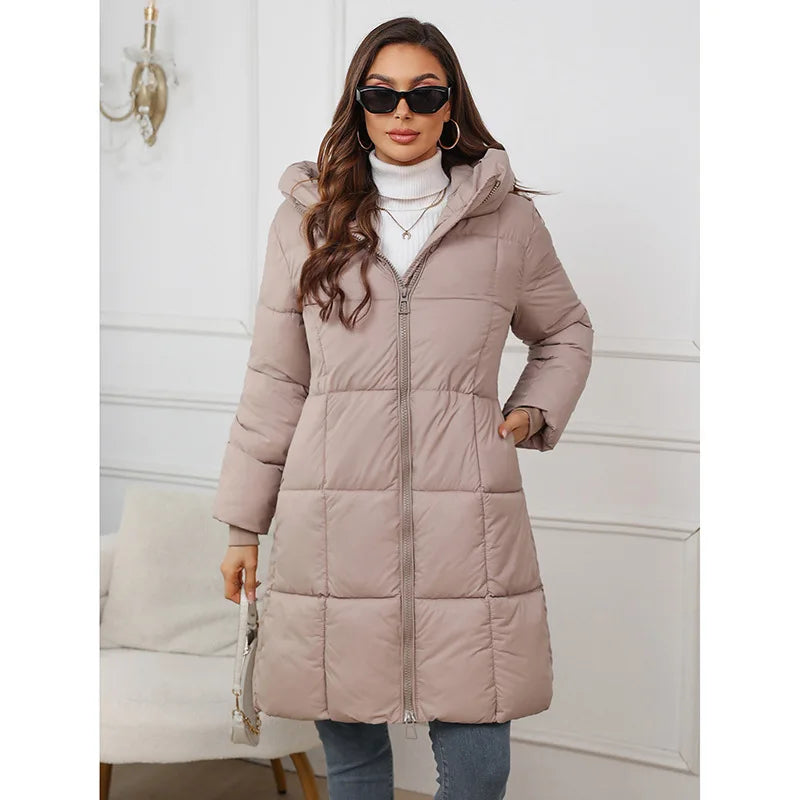 Women's Long Hooded Padded Winter Parka in Khaki