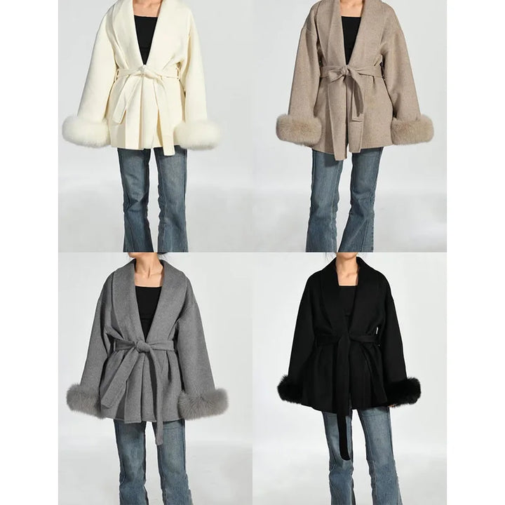 Women's Wool Blend Coat, Double Sided Short Overcoat with Fur Collar