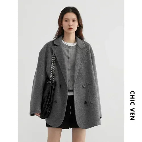 Women's Loose Double-Breasted Retro Coat in Gray
