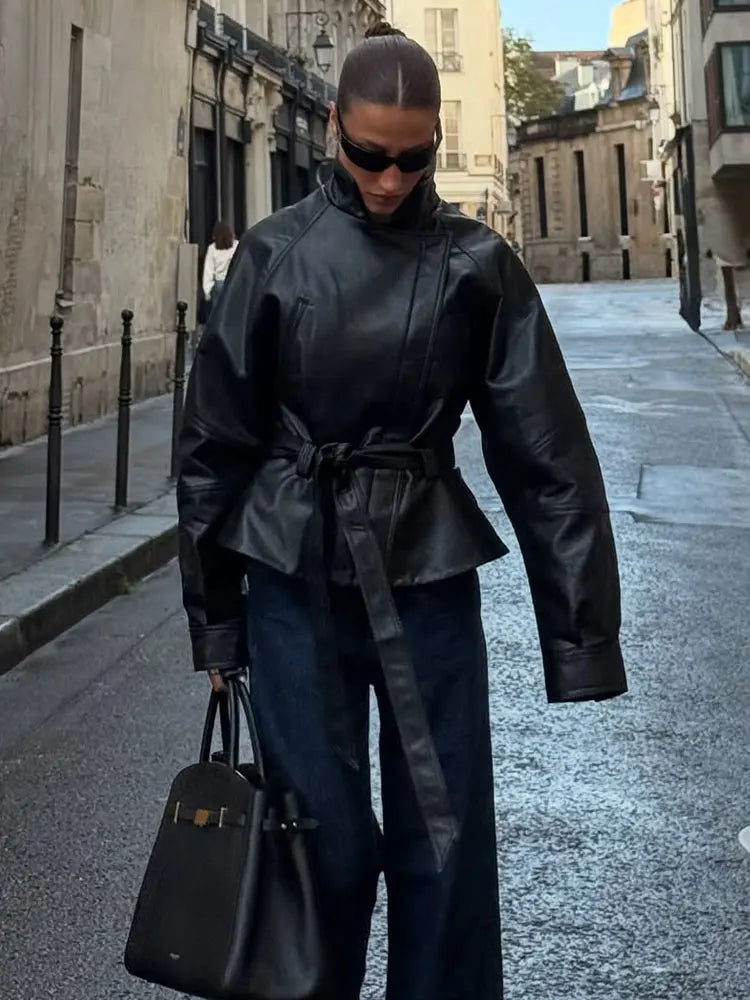 Women's Belted Faux Leather Short Trench Coat, view 3