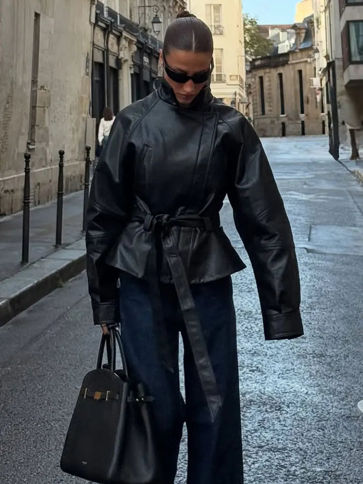 Women's Faux Leather Trench Coat, Belted Lapel Vintage Moto Jacket