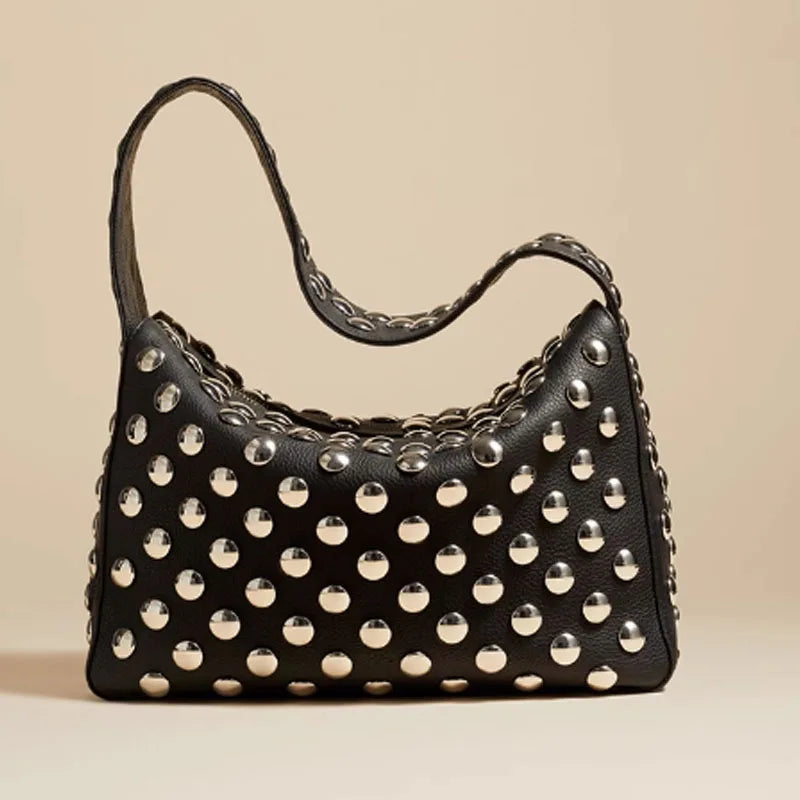 Women's Black Studded Faux Leather Top Handle Bag, view 5