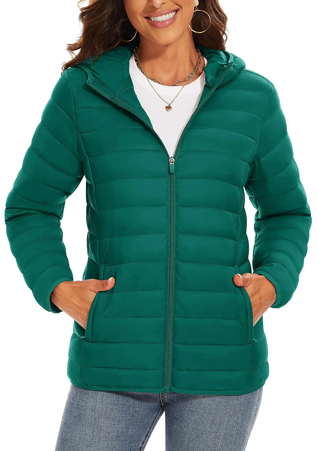 Women's Hooded Puffer Jacket, Lightweight Quilted Padded Windbreaker Coat