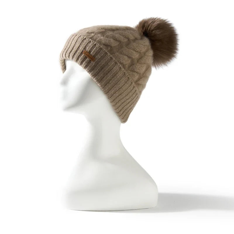 Women's Hand-Knit Cashmere Cable Beanie with Pom-Pom, view 16