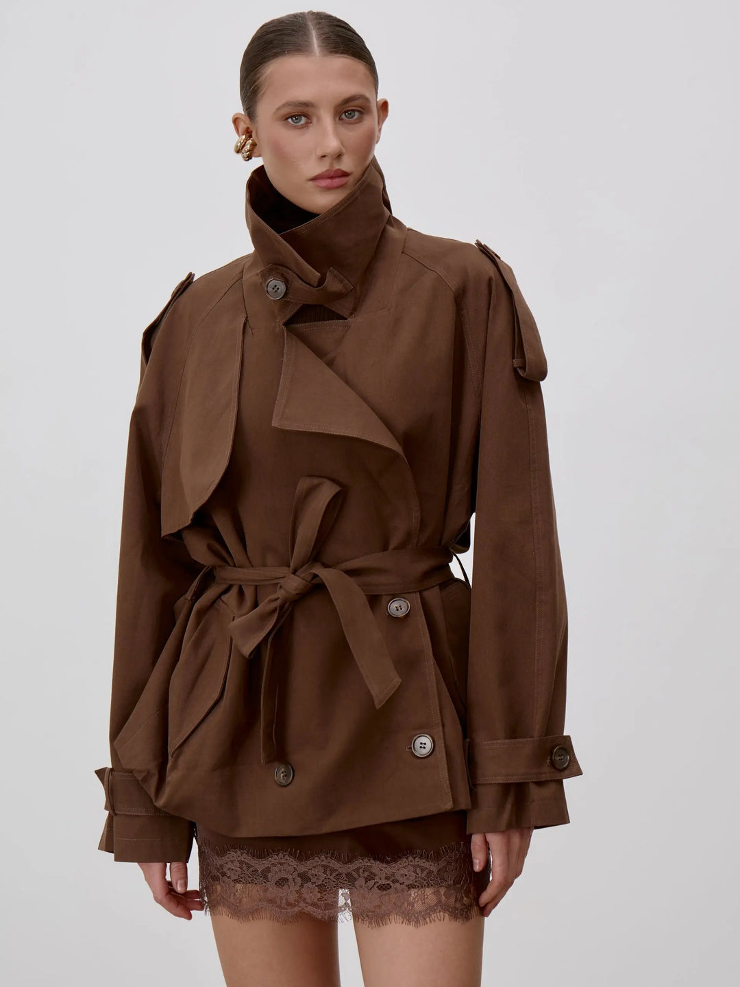 Women's Trench Coat, Belted Button Front Long Windbreaker