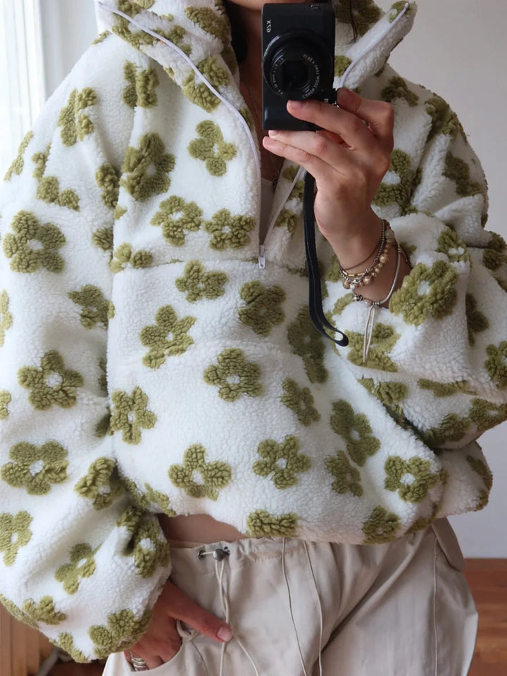 Women's Sherpa Pullover Hoodie, Half Zip Floral Fleece Sweatshirt