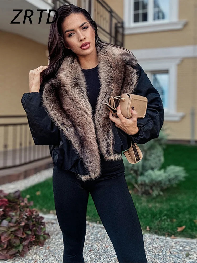 Women's Faux Fur Coat, Cropped Patchwork Lapel Warm Winter Jacket
