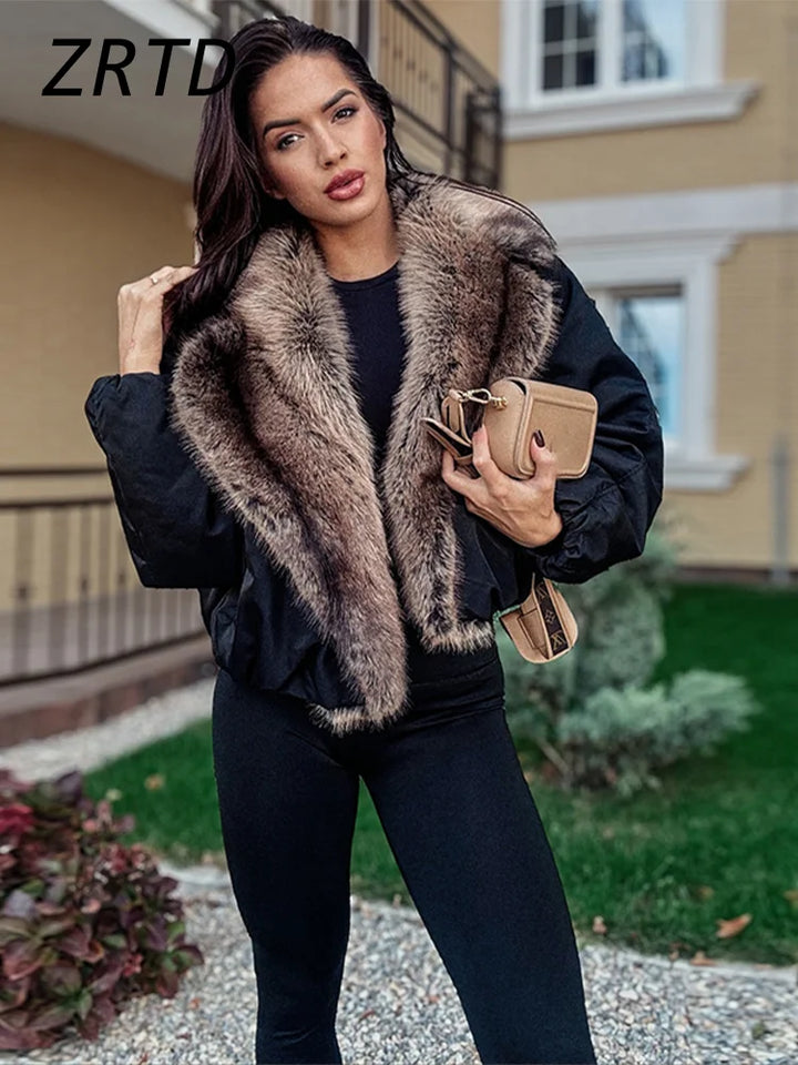 Women's Faux Fur Coat, Cropped Patchwork Lapel Warm Winter Jacket