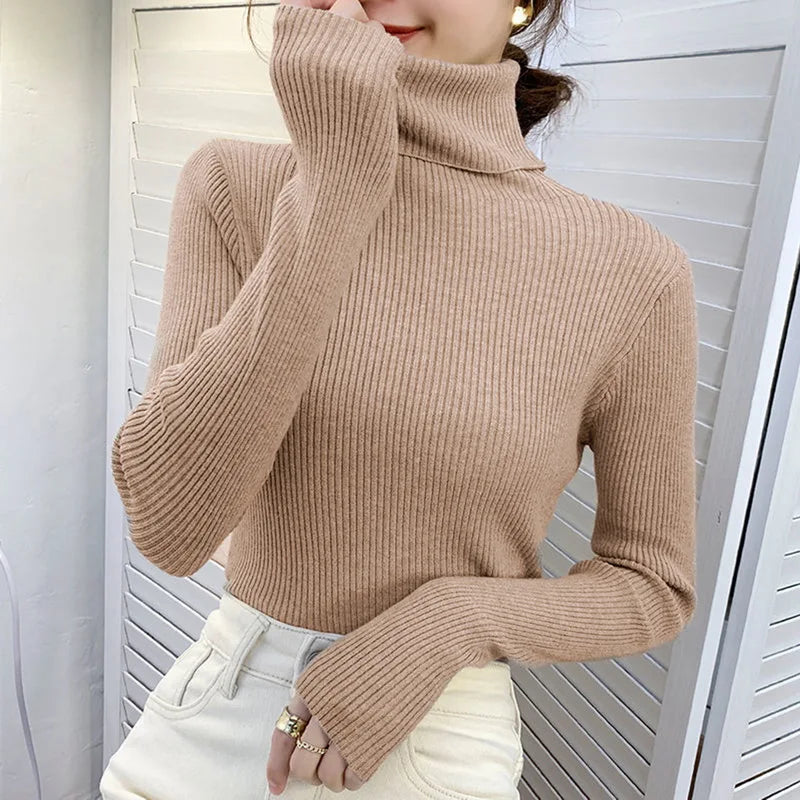 Women's Slim-Fit Brushed Knit Turtleneck Sweater in Khaki