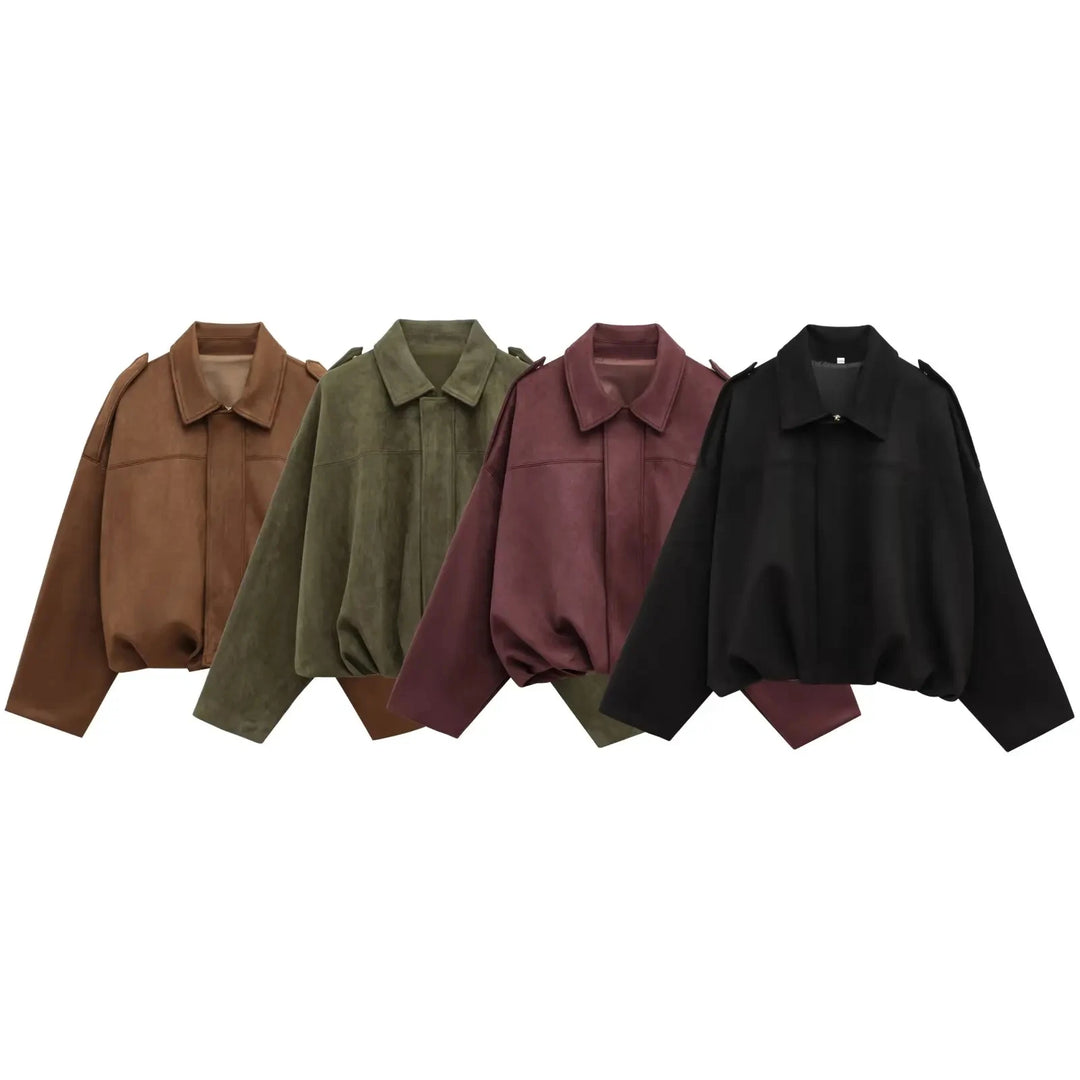 Women's Suede Jacket, Oversized Batwing Sleeve Zip Up Winter Coat
