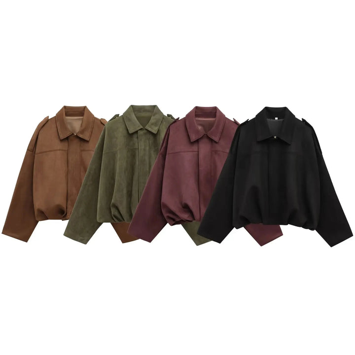 Women's Suede Jacket, Oversized Batwing Sleeve Zip Up Winter Coat