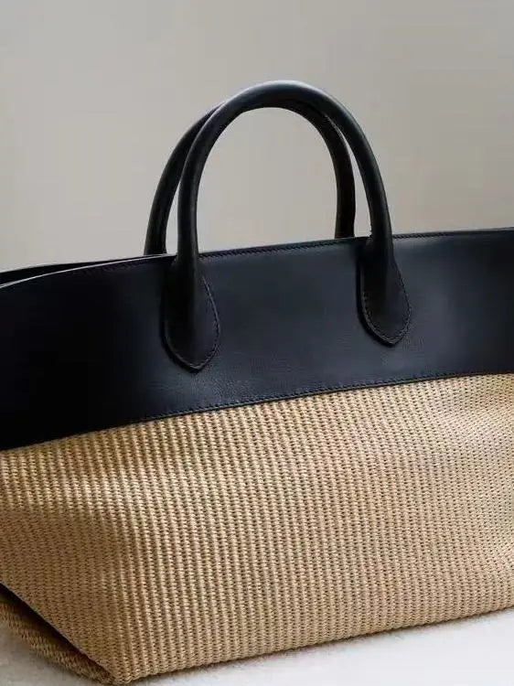 Women's Black Woven Raffia Color-Block Tote Bag, view 4