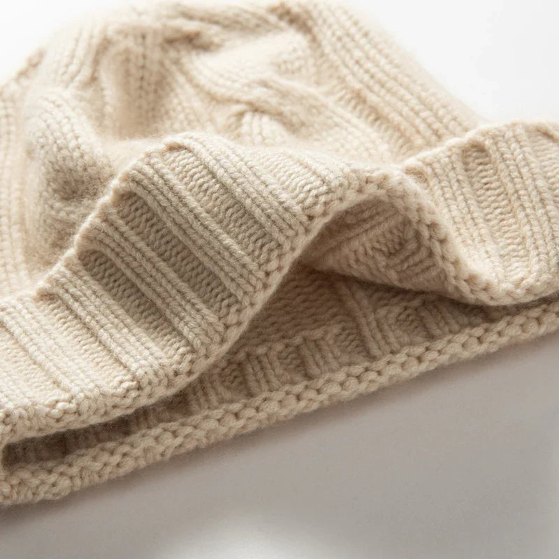 Women's Chunky Cable Cashmere Beanie with Ribbed Cuff, view 10