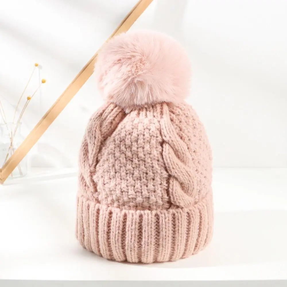 Women's Thick Knit Cotton Beanie with Ear Flaps in Pink