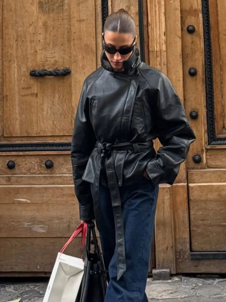 Women's Faux Leather Trench Coat, Belted Lapel Vintage Moto Jacket